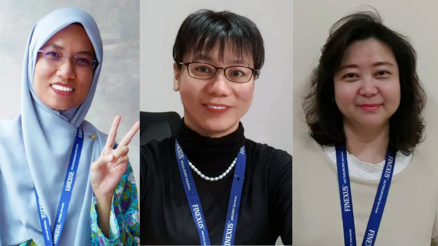 Three employees of Finexus Group. From left to right, Siti Kamaliah Binti Muhammad Yusoff as Quality Analyst, Chung Wai Ming as Senior Solution Manager, and Karen Lee as Senior Solution Manager