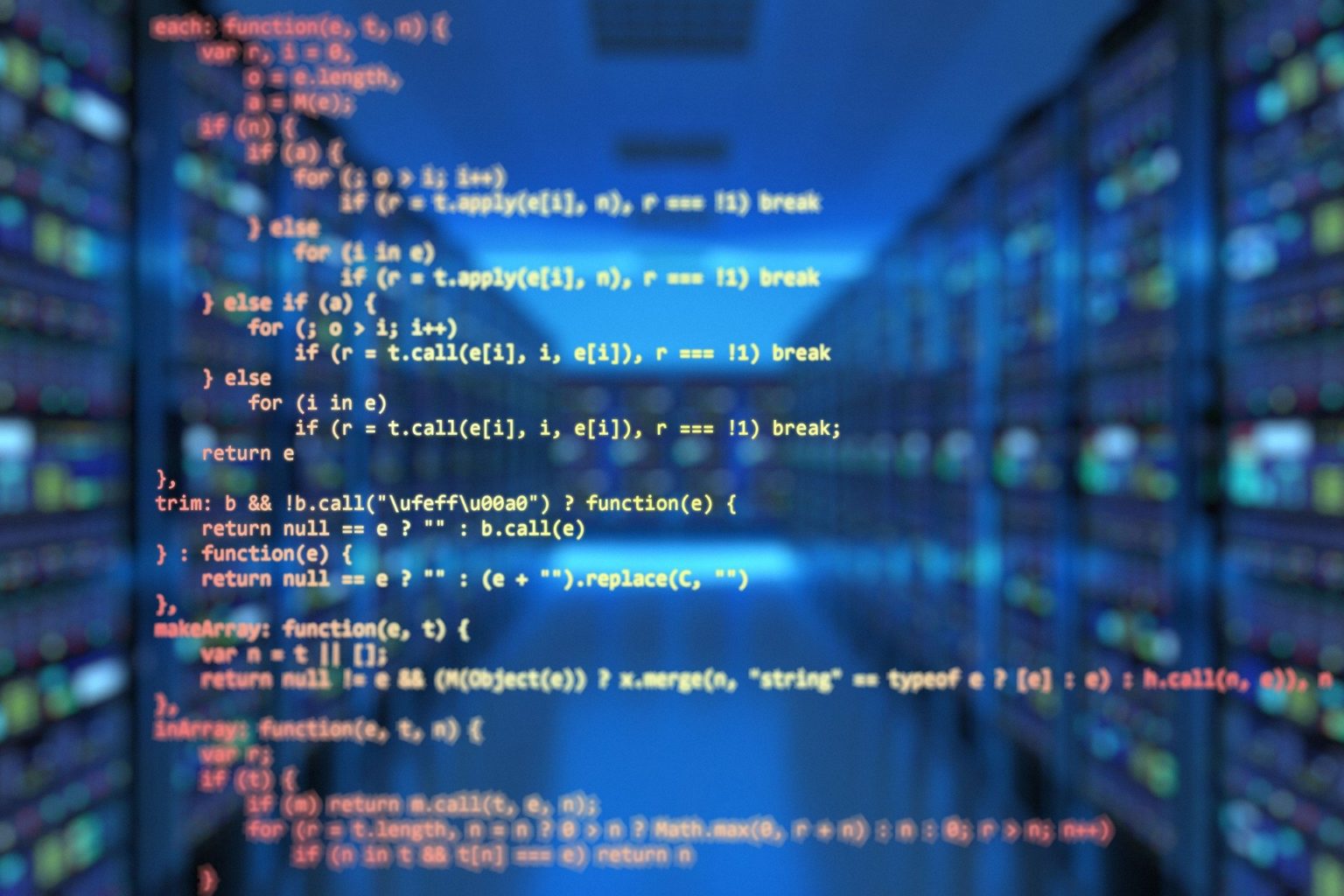 Abstract image of code superimposed on a blue-tinted photo of servers in a server room.